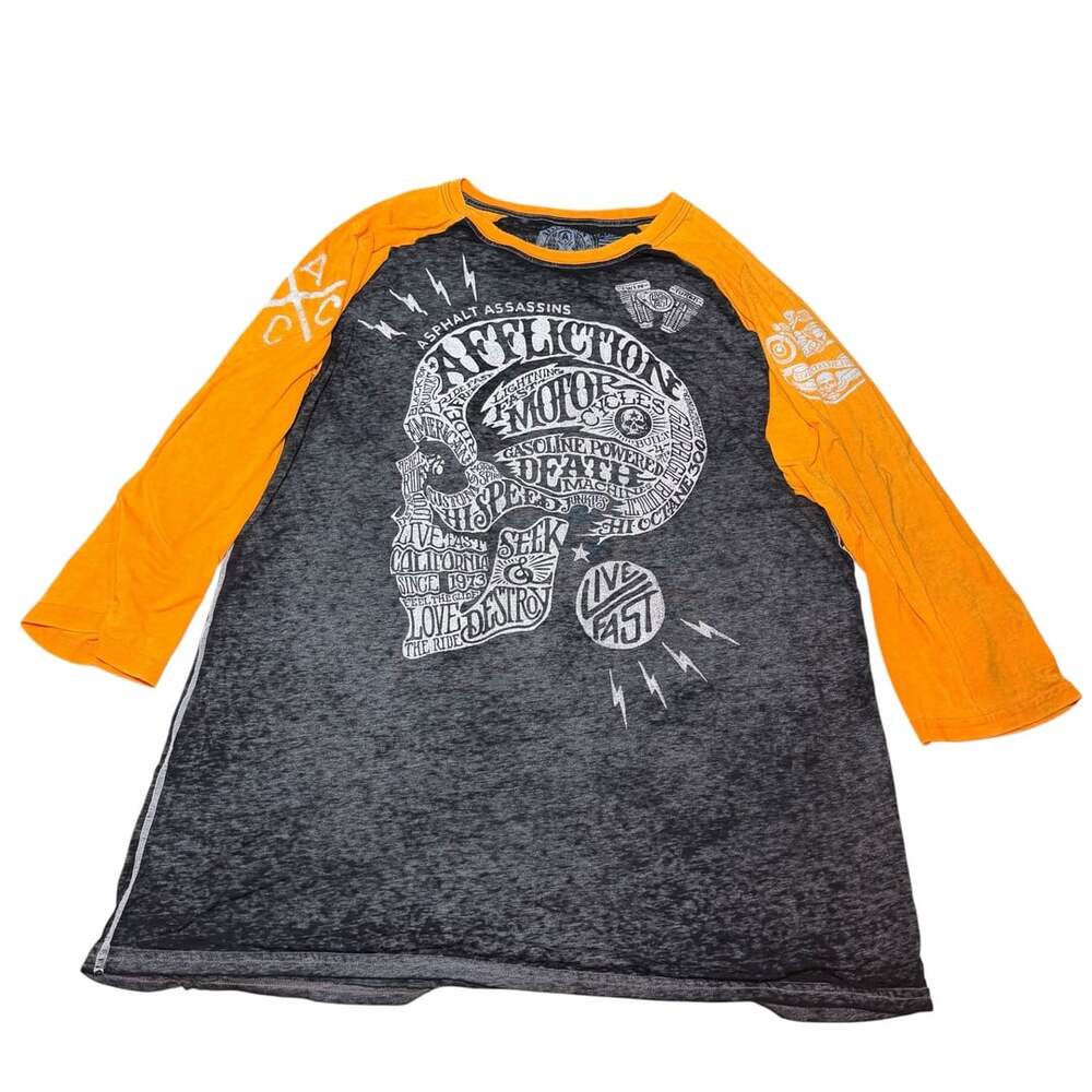 Affliction Live Fast Skull 3X-Large Black Orange Raglan Shirt